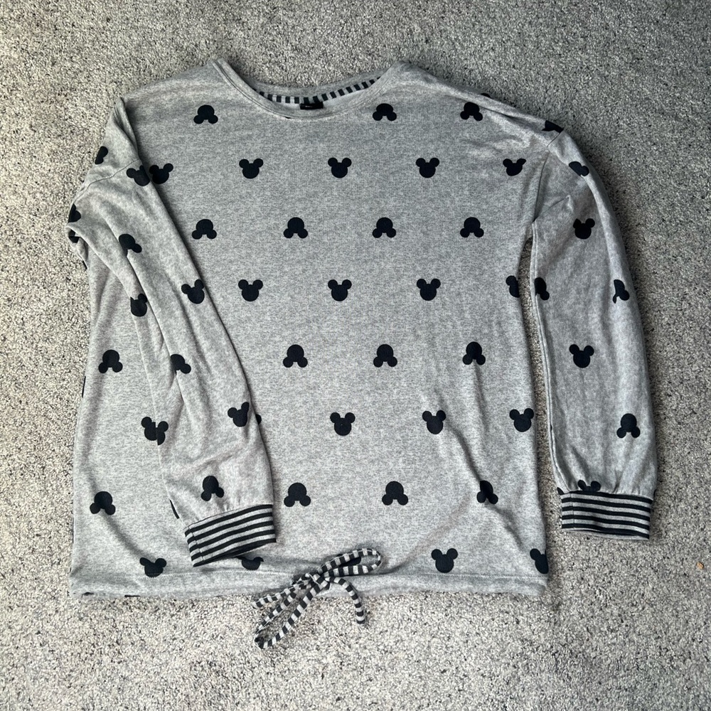 Disney Mickey Mouse Grey Long Sleeve Top – Drawstring Hem, Soft Lounge Pullover